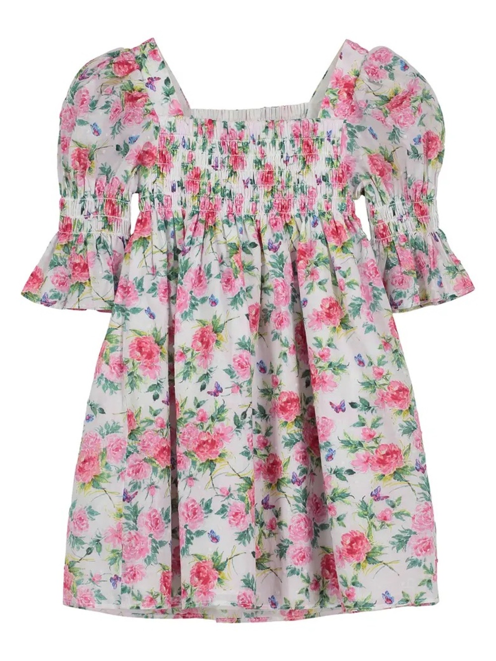 Pippa & Julie White Floral Puff-Sleeve Smocked Dress